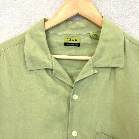 IZOD Button Up Washable Silk Linen Blend Shirt Mens Large L Green Short Sleeve - Picture 3 of 14